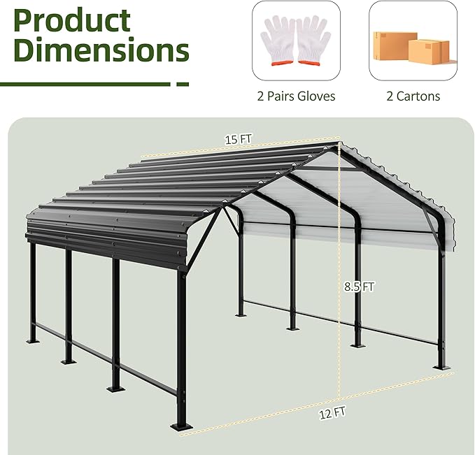 Shintenchi 12x15 FT Metal Carport, Heavy Duty Carport Canopy with Enhanced Base and Frame,Outdoor Galvanized Garage Car Port for Cars, Boats,Tractors and Party