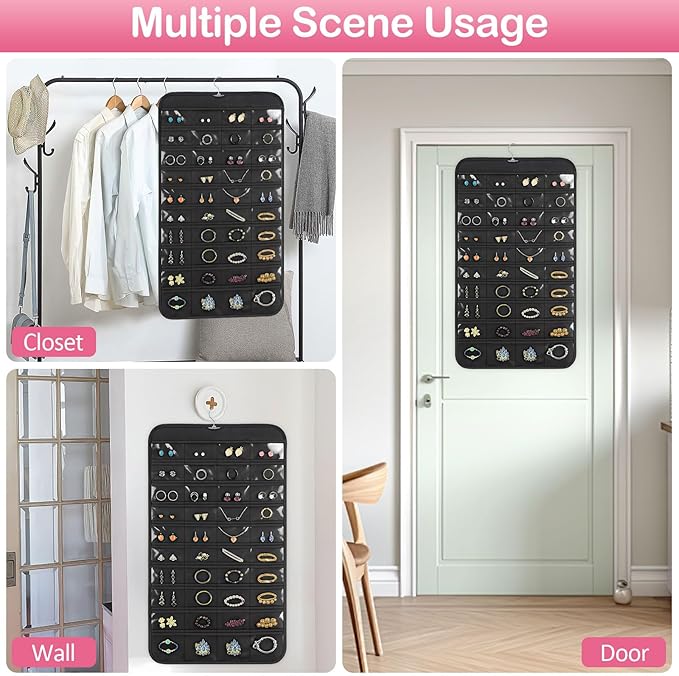 Hanging Jewelry Organizer for Closet with Swiveling Hanger, 17 x 30 In, 80 Clear Pockets Jewelry Organizer Hanging for Jewelries, Earrings, Accessories (Beige) (1, Black)