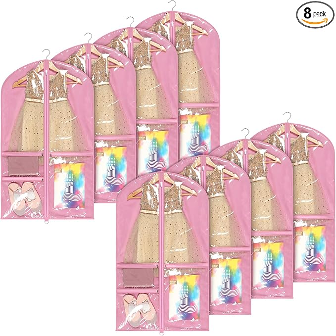 Univivi Garment Bags for Dance Costumes for Hanging Clothes, 40 Inch Breathable Dance Competition Garment Bag With 3 Medium Clear Zipper Pockets for Kids (Pink) - 8 Pack