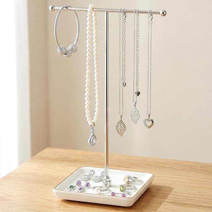 Jewelry Holder Stand with Ceramic Base: 12" Tall Necklace Organizer Rack, Tree Design Display Storage for Necklaces, Bracelets, Rings, Earrings, Aesthetic Vintage Room Décor (Silver)