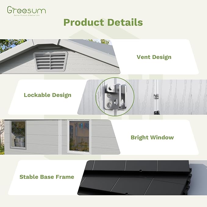 Greesum 6x8FT Plastic Outdoor Storage Shed with Floor, Resin Sheds with Lockable Double Door, Tool Sheds with Window and Vents, for Garden, Backyard, Patio, Light Gray