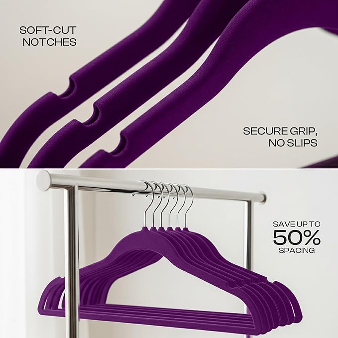 Utopia Home Velvet Hangers 50 Pack - Non-Slip Suit Hangers with 360 Degree Rotatable Hook - for Pants, Coats, Shirts & More (Purple)