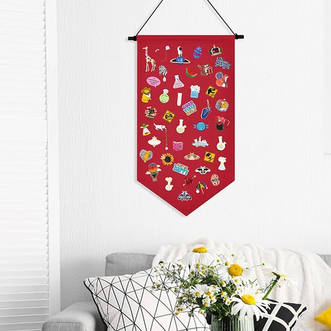 Kunyeah Wall Hanging Brooch Organizer Storage Case Colorful Canvas Pin Board Stand Enamel Pin Badge Hanging Holder Display Banner Earrings Collection Holder - Pins No Included (Red)