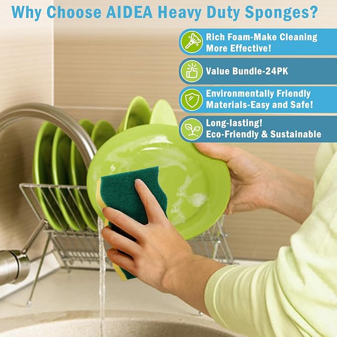 AIDEA Sponges Kitchen, 24 Pack Heavy Duty Dish Sponge, Cleaning Dish Scrubber Sponge for Home and Kitchen, Stink-Free Cleaning Supplies for Pots, Pans