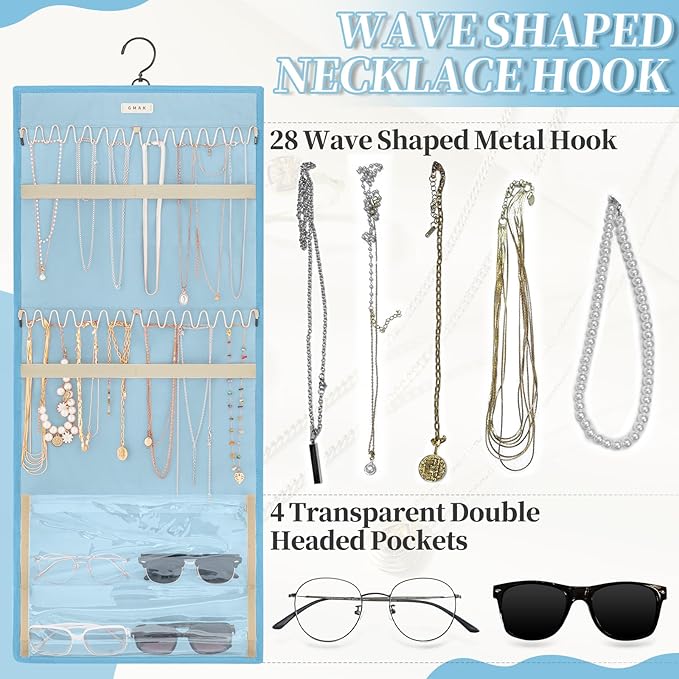GMAK Hanging Jewelry Organizer with Hanger Metal Hooks, Double-Sided Jewelry Holder Accessories Organizer Storage Roll for Jewelry, Earrings, Bracelets, Necklaces, Rings - Light Blue