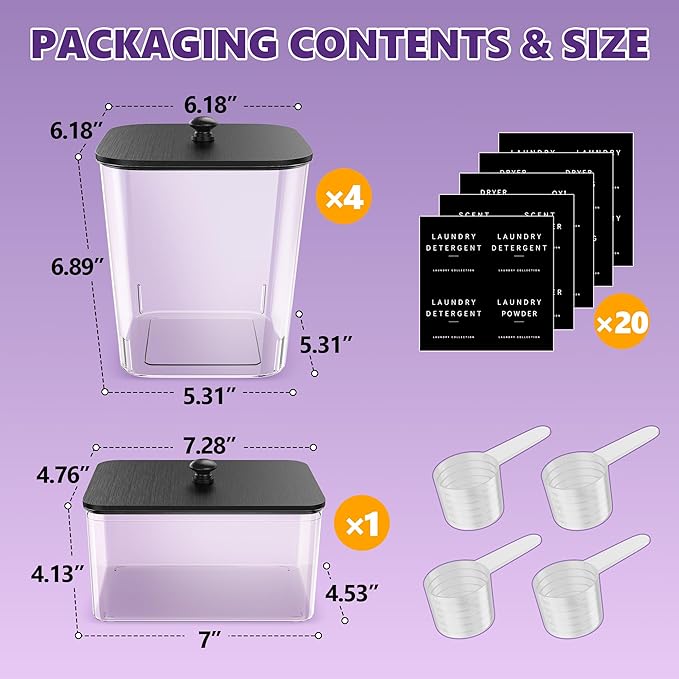Moforoco 5 Pack Laundry Pods Container, Clear Laundry Room Organization Containers,Large Detergent Powder Storage, Black Wooden Lids & Labels, Acrylic Pods Holder