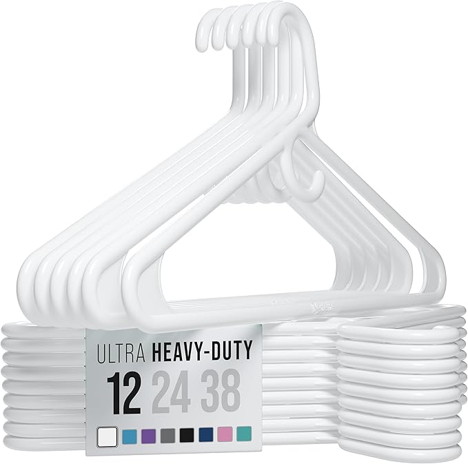 NEATERIZE Ultra Heavy Duty Plastic Clothes Hangers - White - Durable Coat, Suit and Clothes Hanger. Perchas De Ropa (12 Pack - White)