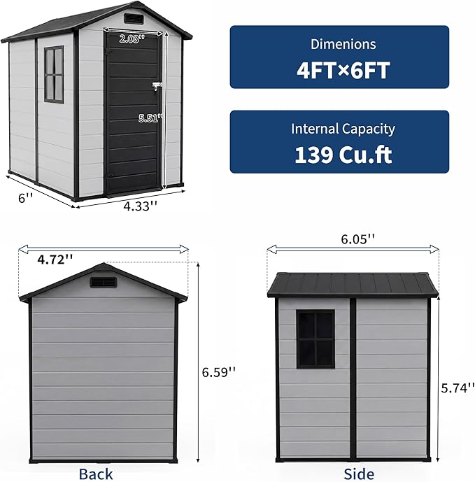 4x6 FT Outdoor Storage Shed with Floor, Plastic Resin Garden Shed with Window & Sloping Roof & Lockable Door for Patio Backyard Garden, Lawn Mower, Bike, Tool Storage