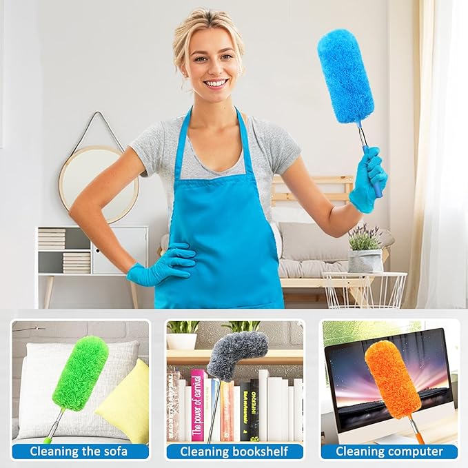 4 Pack Small Washable Microfiber Feather Duster, 13" to 30" Extendable Pole, Microfiber Head, Cleaning Tool for Office, Car, Computer, Furniture, Sofa (Orange/Blue/Green/Gray)
