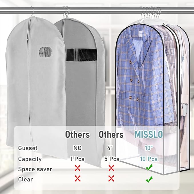 MISSLO 10" Gusseted All Clear Garment Bags for Hanging Clothes 3 Packs 40" Suit Bags for Closet Storage Hanging Clothes Storage Suit Cover for Shirts, Coats, Dresses