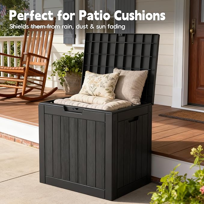 Outdoor Storage Box, 35 Gallon Deck Box Waterproof, Resin Patio Storage Bin for Package Delivery, Patio Furniture Cushion, Garden Tools, Pool Accessories, Weatherproof, Black