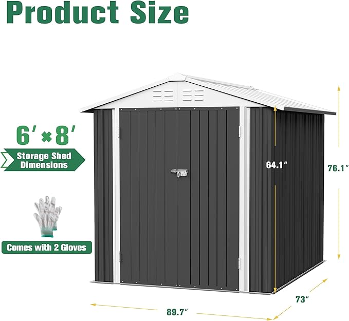 Flamaker 6x8 FT Storage Shed Waterproof Metal Garden Shed with Lockable Door Utility Tool Shed Outdoor Storage for Backyard, Patio and Lawn, Grey