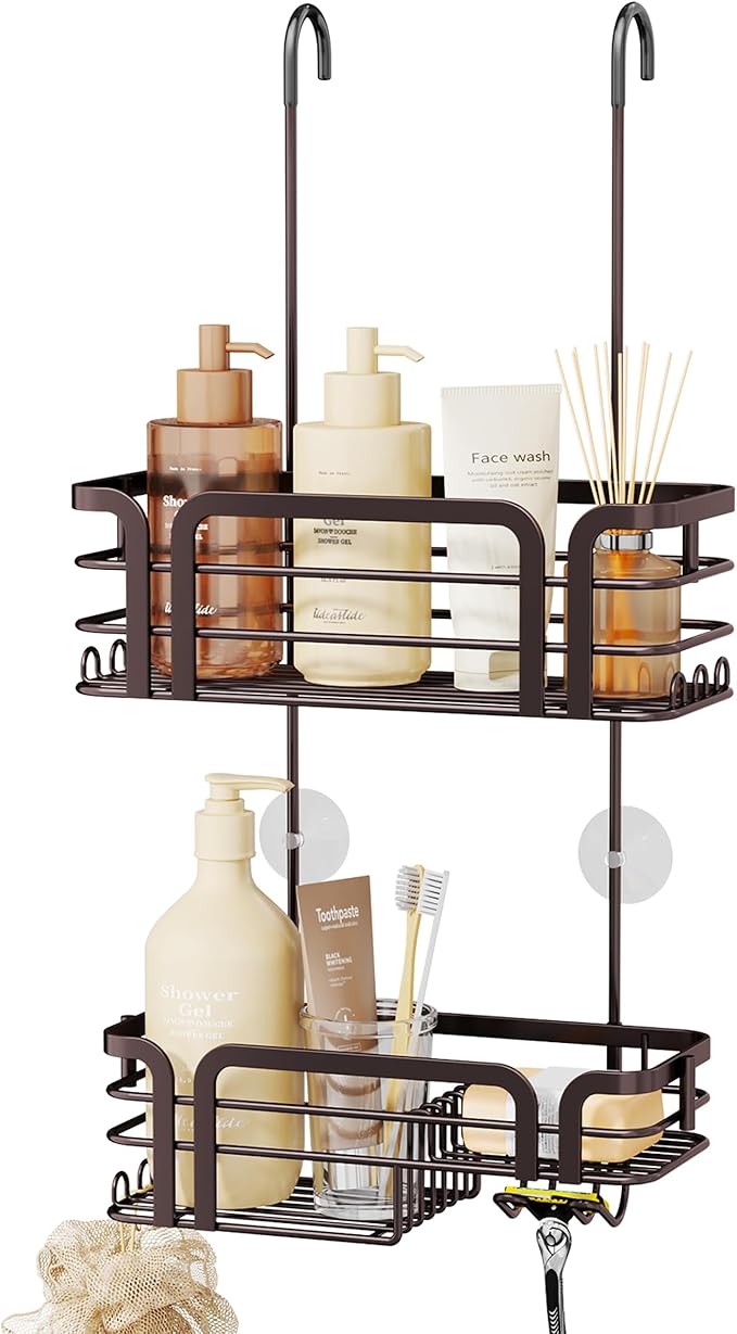 SWTYMIKI Shower Caddy Hanging Organizer - Over the Door Shower Caddy with Soap Holder, 11 Hooks, 2 Installation Ways, Stainless Steel Rustproof Bathroom Organizer, Bronze