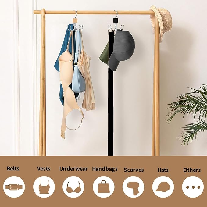 2pcs 360° Rotating 6-Claw Multi-Function Hook Closet Hanging Organizer Hangers for Clothes Hats Scarves Belts, Stainless Steel Rotary Hook Hanger for Kitchen Bathroom Office Home Storage Rack (Khaki)