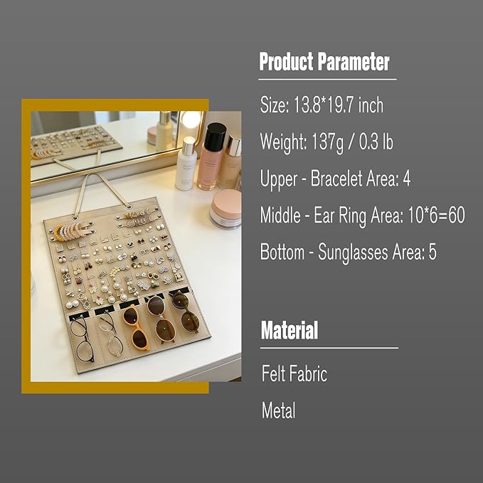 Hanging Jewelry Organizer Storage, Wall Jewelry Organizer Storage for Earrings Hooks, Necklaces, Bracelets and Sunglasses, Hanging Jewelry Organizer has Plenty of Space to Store Jewelry, Brown Color
