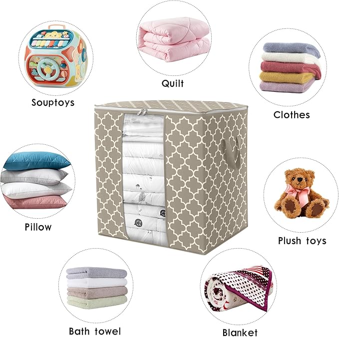 WISELIFE Storage Bags 8 Pack/100L Large Blanket Clothes Organization and Storage Containers for Comforters,Bedding, Foldable Organizer with Reinforced Handle, Clear Window, Sturdy Zippers,Beige