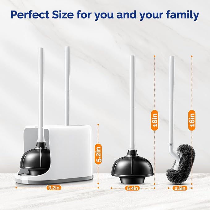 HAMITOR Toilet Plunger Bowl Brush Combo：Heavy Duty Rubber for Drain Clog Remover - Curved Design Bristles for Deep Cleaning Under Rim - Compact Bathroom Cleaning Tools for New Homet Essentials - White