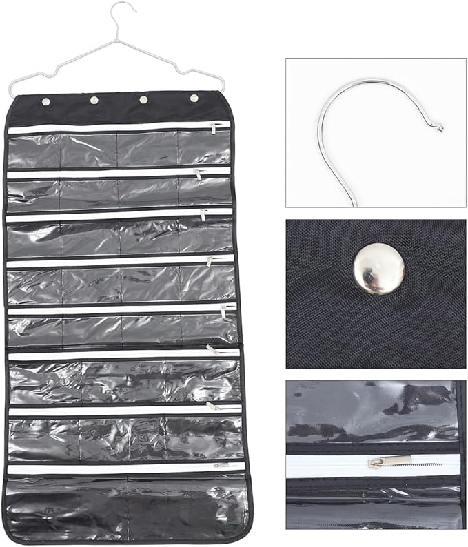 Luxshiny Double-side Zippered Jewelry Storage Bag 56 Compartments, Black Hanging Jewelry Organizer Pouch for Necklace and Card Display, Practical Travel Accessory Organizer
