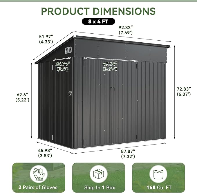 Aoxun 7'x4' 3-Lockable Door Metal Storage Shed, Metal Outdoor Garden Shed - Elevated Height & Sloped Roof Design for Bicycle, Tool, Snow Blower Storage (Black)