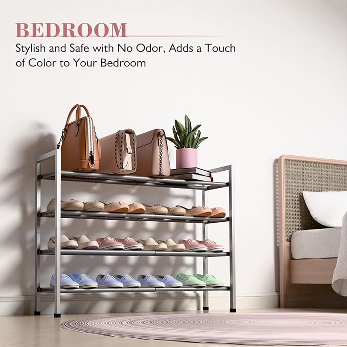 Bumusty 4-Tier Expandable Shoe Rack for Closet, 18“-33” Adjustable Shoe Rack for Small Space, Small Shoe Organizer for Front Door, Sturdy Metal, Light Grey