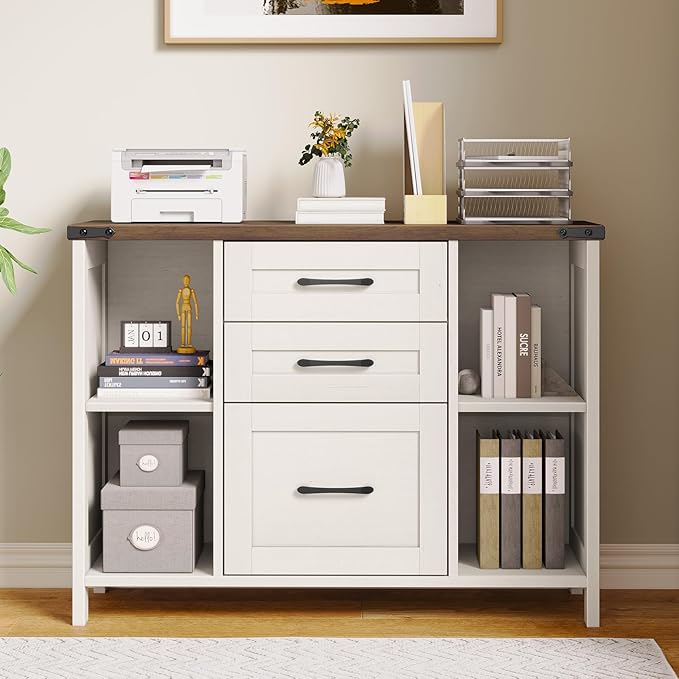 3 Drawer File Cabinet, Farmhouse Lateral Filing Cabinet Fits File Letter or A4 Size, Wooden Printer Stand with Open Storage Adjustable Shelf for Home Office, White