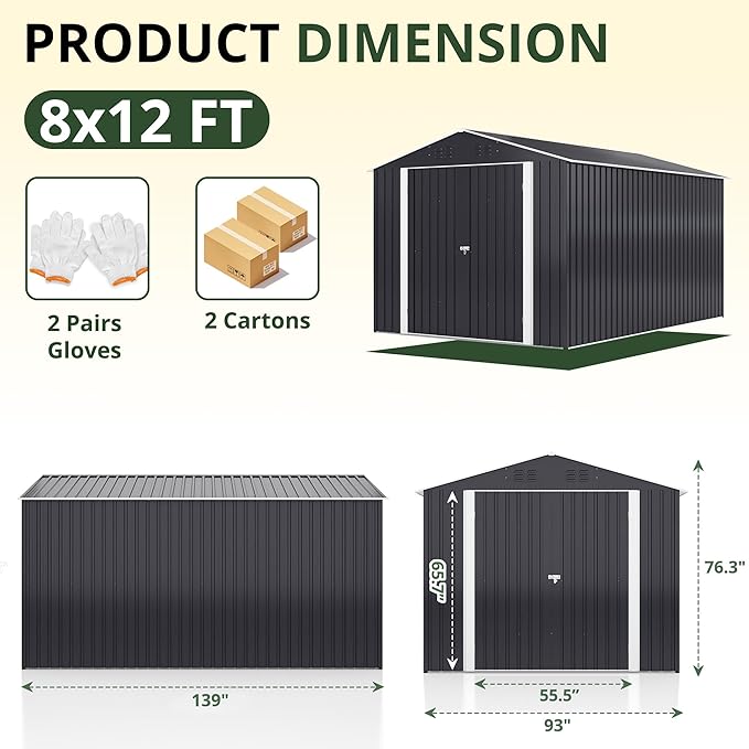 8x12 FT Outdoor Storage Shed, Garden Shed with Updated Frame Structure and Lockable Doors, Metal Tool Sheds for Backyard Garden Patio Lawn, Grey