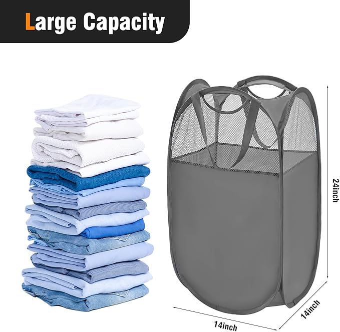 TECHMILLY Pop Up Foldable Laundry Basket, Mesh Laundry Hamper with Reinforced Handles for Dirty Clothes Storage in Dorm, Laundry Room, Bathroom, Grey(Fabric)