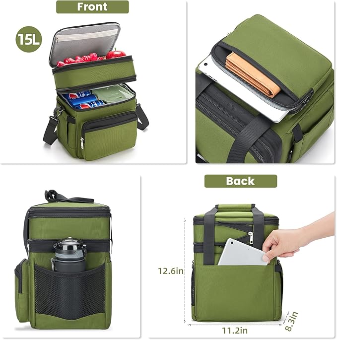 Insulated Lunch Bag & Lunch Box for Men - Double Deck Reusable Lunch Bag for Women Tote Cooler Bag Leakproof Soft Expandable - Large Lunchbox for Work/Adult/Picnic/Outdoor (Green，15L)