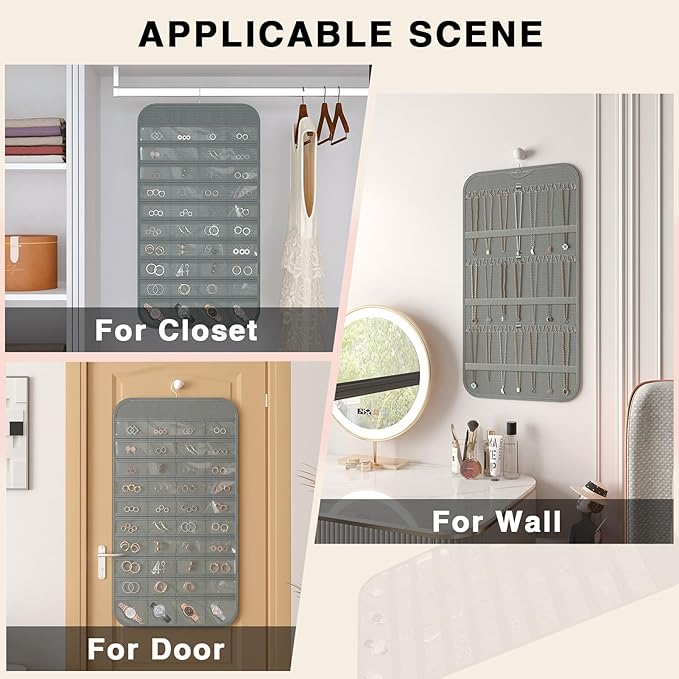 Hanging Jewelry Organizer Storage, 40 Pockets 36 Hooks Necklace Earring Necklace Bracelet Ring Organizer, Double - Sided Design, Grey