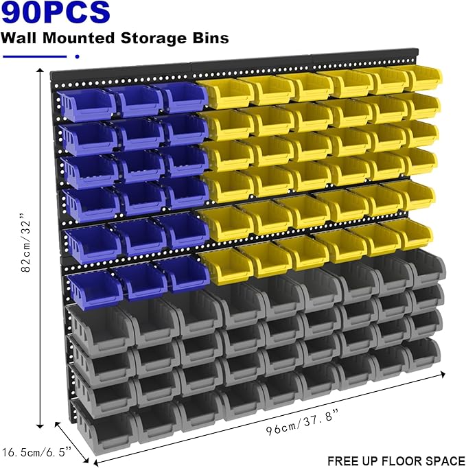 Wall Mounted Storage System 90PCS - Heavy-Duty Plastic Bins for Garage，Home, Closet & Bedroom Organization, Rack Holds Nuts, Bolts, Tools, Hardware