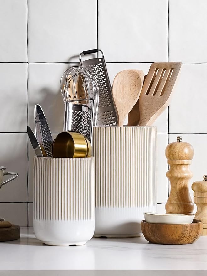 LE TAUCI Utensil Holder, 7.3"+5.4" Ceramic Kitchen Utensil Holder for Countertop, Large Cooking Utensil Crocks Gift for Mom, Boho Farmhouse Kitchen Decor, Set of 2, Reactive Glaze Arctic White