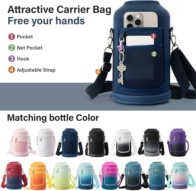 64 oz Insulated Water Bottle | Upgraded Thickened Stainless Steel Water Jug for Gym and Hiking with Straw, Carrier Bag, Handle Strap | BPA-Free 64 oz