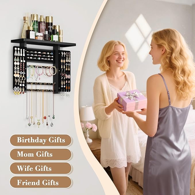 Emfogo Jewelry Organizer Hanging Wall Mounted Jewelry Holder, 5-in-1 Large Capacity Necklace Organizer Wall Display for Ring, Necklaces, Bracelets, Earrings(Black)