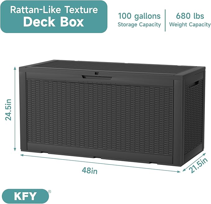 100 Gallon Waterproof Outdoor Storage Box, UV Resistant Resin Deck Box Perfect for Patio, Garden, and Pool (Black, 100 Gallon)