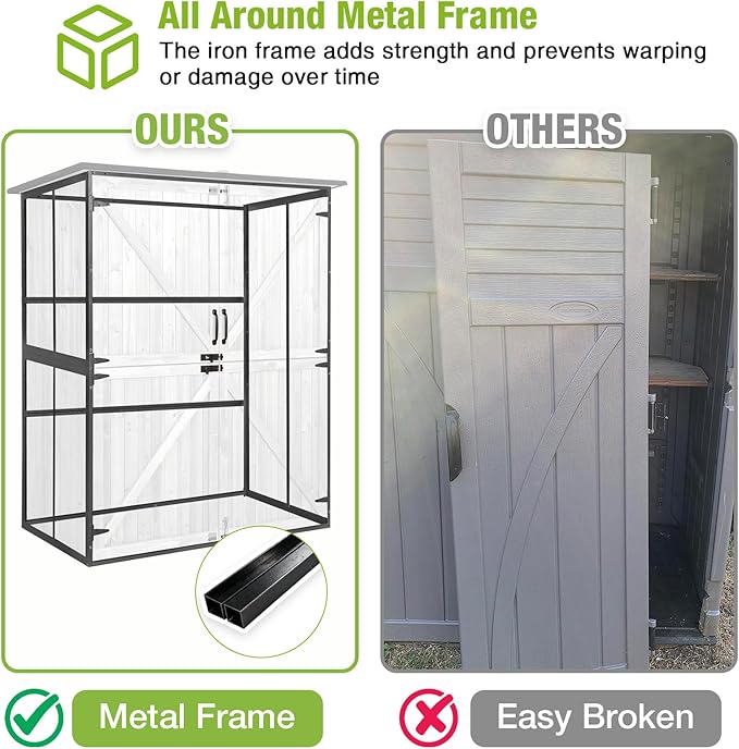 GUTINNEEN Outdoor Storage Cabinet Durable Metal Frame and Solid Wood Vertical Tool Shed with 3 Adjustable Height Shelves and Bottom Floor for Patio, Garden, Backyard, 55" L x 29" W x 67" H