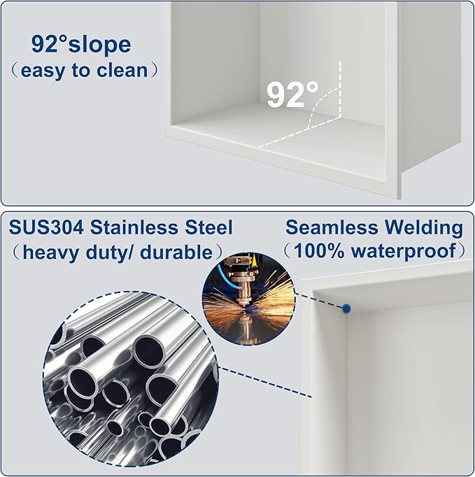 Neodrain Shower Niche Double Shelf Stainless Steel No Tile Needed Bathroom Niches Recessed in Wall, 2-Tier Recessed Wall Niche Waterproof Cubby (8X24 Inch,White)