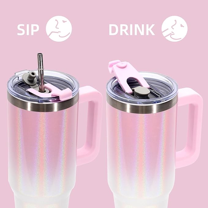 30 oz Shiny Tumbler with Handle and Straw,Stainless Steel Tumbler with Lid and Straw,Insulated Travel Mug(Cold for 34 Hours),Water Bottle for Iced Tea,Coffee (Pink)