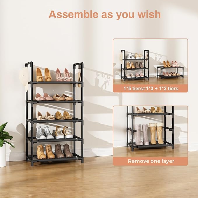 5 Tiers Shoe Rack 12-15 Pairs Boots Organizer Storage Sturdy Narrow Shoe Shelf for Entryway, Closets with Hooks, Black
