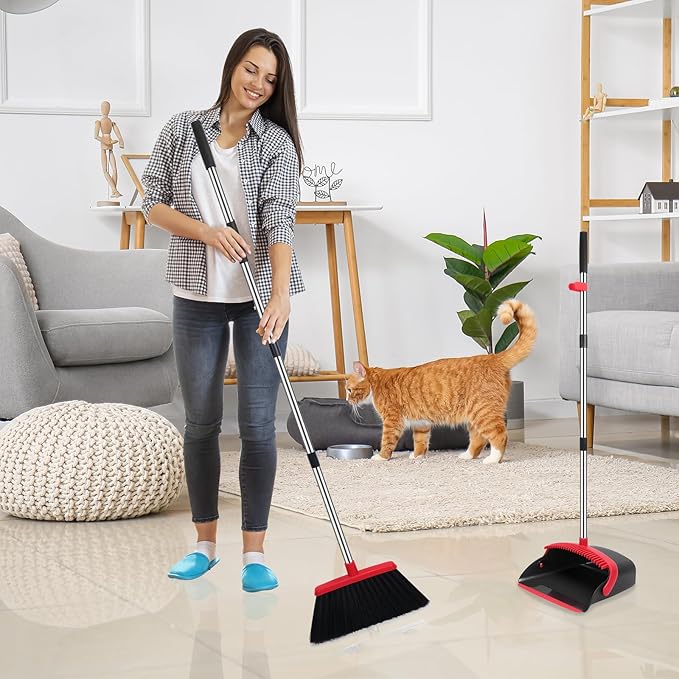 NACENA Broom and Dustpan Set, 52-in Long Adjustable Handle Broom Dustpan Combo with Dustpan Teeth to Automatically Clean Hair Suitable for Home Kitchen Office Hall Floor (Black&Red), 2 Pack