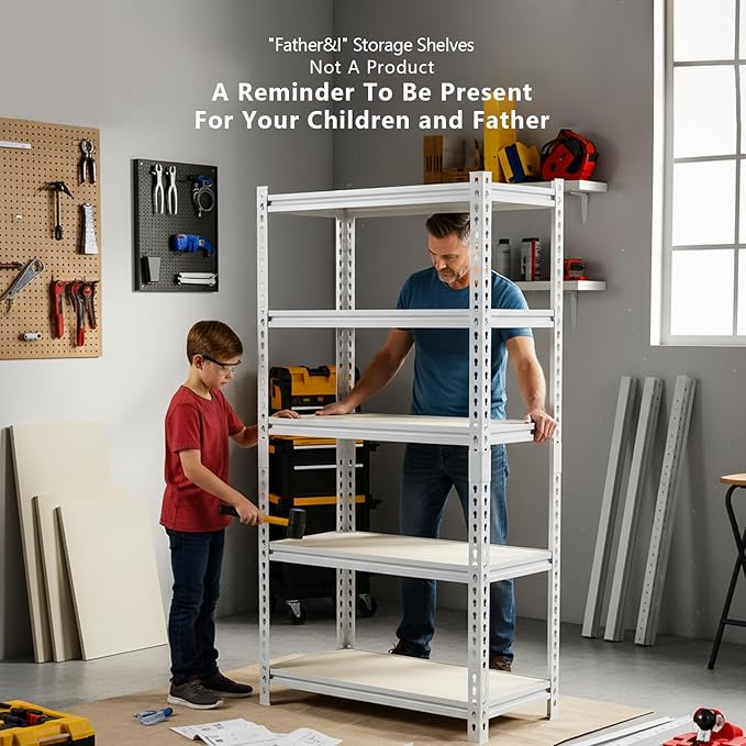 36"W "Father&I" 5-Shelf Industrial Metal Steel Garage/Tote Storage Shelves Heavy-Duty Adjustable Rack: Tall Shelving Units Organizer for Closet/Basement/Pantry/Shop/School 72"H*36W*16"D, White