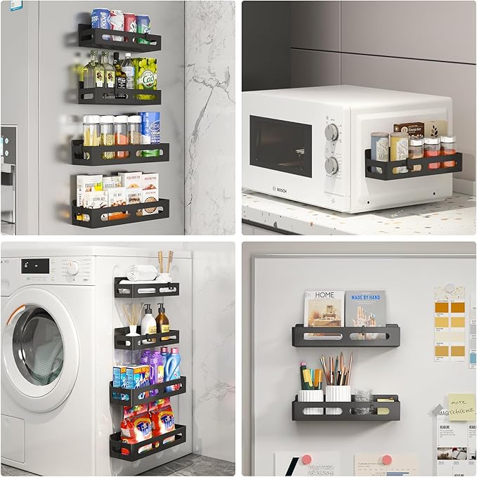 2 Pack Strong Magnetic Spice Rack for Refrigerator, Multipurpose Magnetic Shelf for Fridge with 4 Hooks for kitchen and Bathroom Organization, Black
