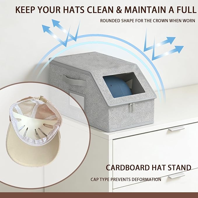 2 Pcs Hat Organizer for Baseball Caps and 6 Pcs Hat Shaper Insert - Stackable Hats Storage Box for Closet - Holds Up to 20 Caps Storage Box, Flip Cover, Save Space, Grey