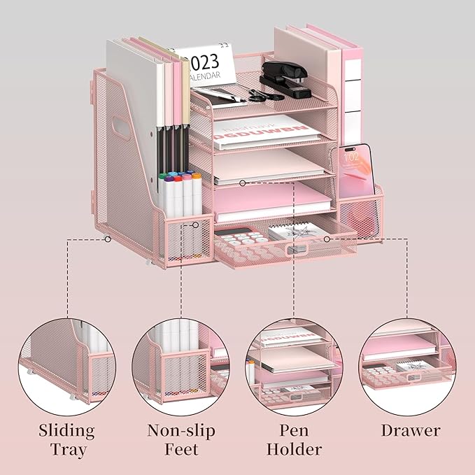 SUPEASY Mesh Desk Organizer with File Holder, 5-Tier Paper Letter Tray Organizer with Magazine Holder, Desktop Organizer and Storage with Drawer for Office Supplies Home or School (2Pack-Pink)