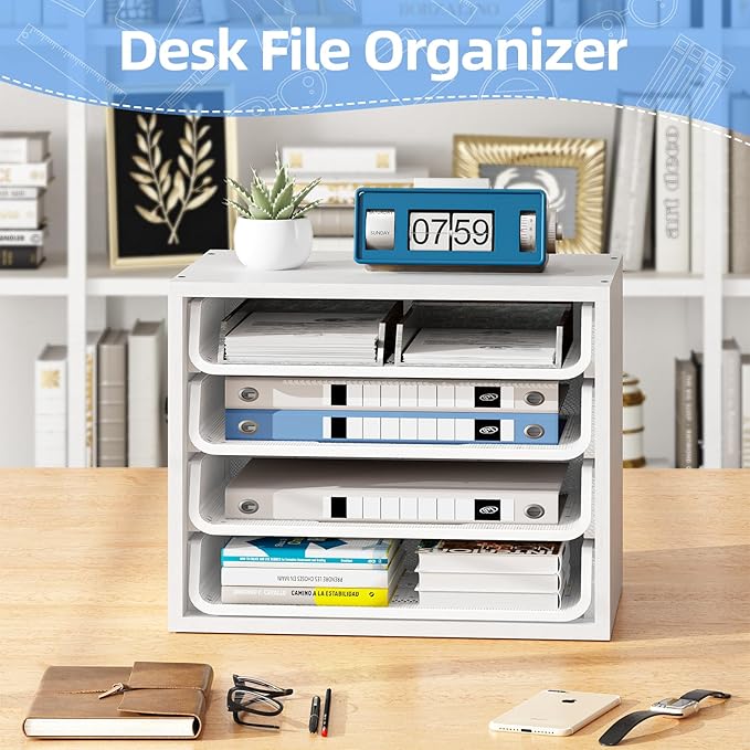 Simple Trending Desk File Organizers, 4-Tier Letter Tray Paper Organizer with File Holder, Wooden Paper Sorter for Office Supplies, White