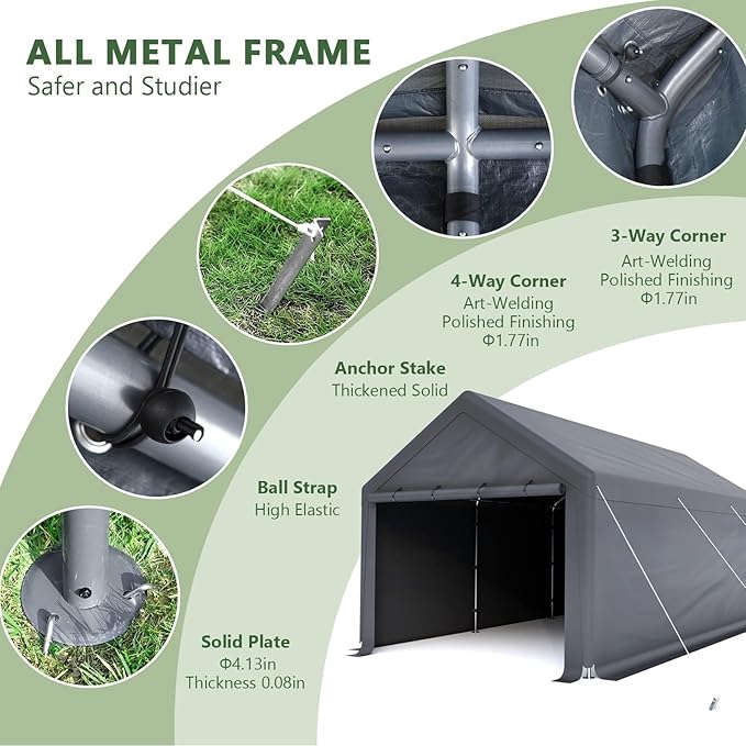 10x20 FT Heavy Duty Carport Car Tent Car Canopy Storage Shed, Portable Garage with Removable Sidewalls & Doors All-Season Tarp for Car,Truck,SUV,Party Grey