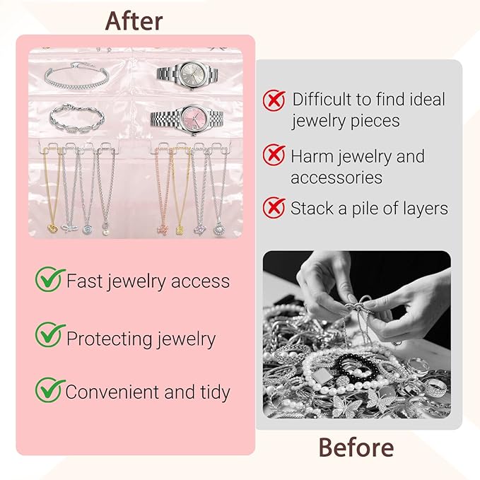 Upgraded 2-sided Hanging Jewelry Organizer Storage Pocket with 5 Sizes Compartments & 1 Anti-tangle Holder Hook for Necklace,Dustproof Display Pouches for Earring,Chain,Bracelet,Watches,Glasses,1 Pack