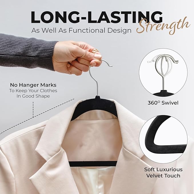 100 Pack Velvet Hanger for Shirt Pants Dresses Skirts Suits Jackets - Slim Space Saving Design - Standard Coat Hanger - Sturdy & Durable Design with Shoulder Grooves Hook