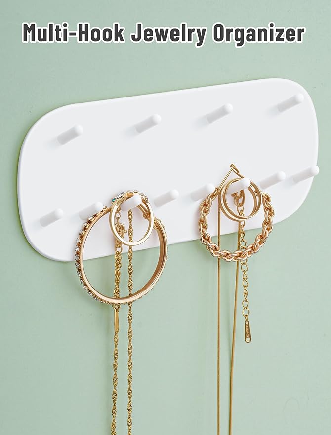 NiHome Wall Mounted Jewelry Organizer Set of 4 – 12 Hook Rounded Rectangle Design, No-Drill Installation – Premium PP Plastic, Moisture-Proof, Space-Saving Storage – 14CM x 6CM x 1.6CM White