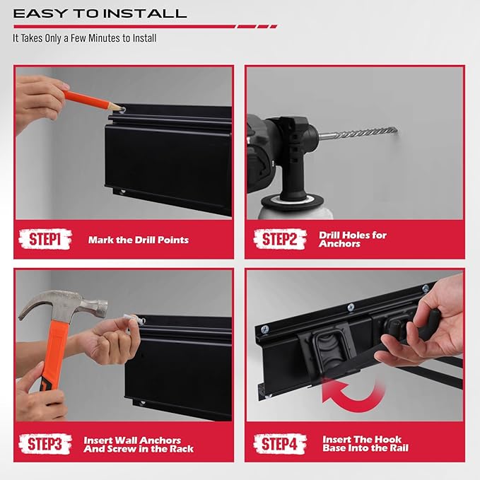 SEDY 64" Heavy Duty Garage Storage Tool Organizer Wall Mount - Tool Rack with Adjustable Hooks, Anti-Rust, 300lbs Capacity - Easy Installation (10 Hooks, 4 Rails, 3 Straps)