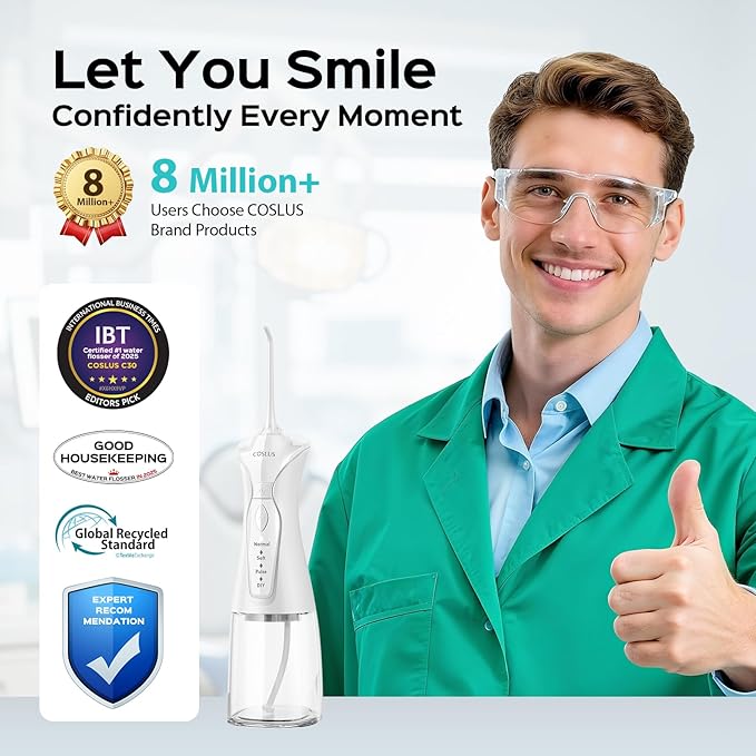 COSLUS Water Dental Flosser Pick for Teeth C30(FC5360): 4 Modes Cordless Portable 300ML Larger Tank Water Teeth Cleaner IPX7 Waterproof Flossing Cleaning Picks for Home Travel White